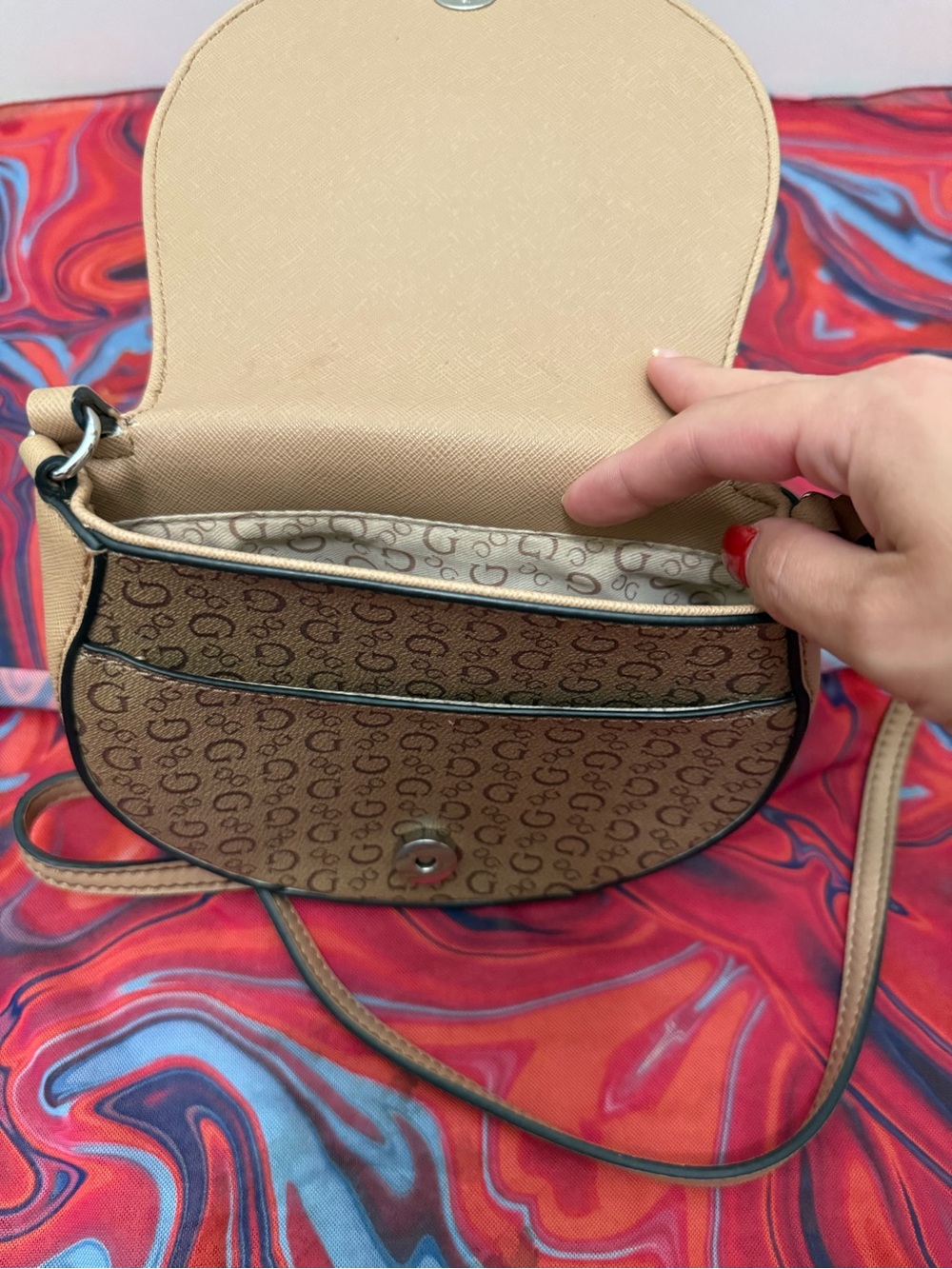 GUESS Brown 4G Monogram Logo Flap Saddle Crossbody Bag - Picture 3 of 7